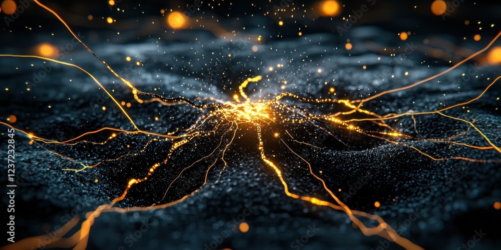 Poster glowing particles with dynamic orange threads flow