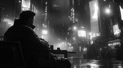 Solitary figure in cyberpunk cityscape at night under rain