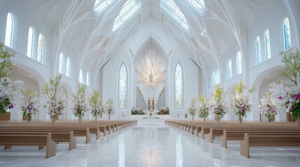 Fototapeta premium Modern white church interior, floral arrangements, peaceful atmosphere, wedding ceremony background