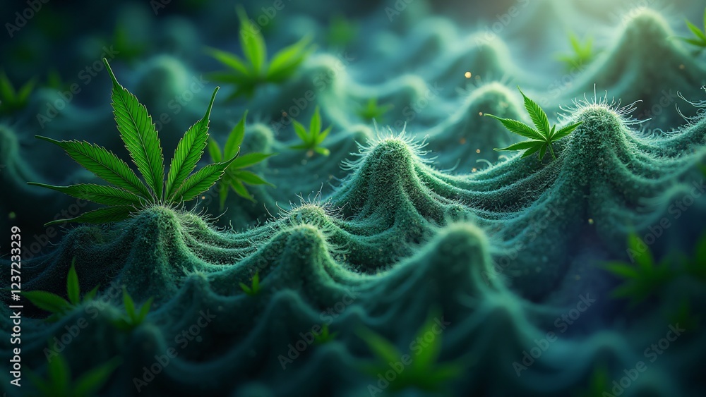 Aufkleber fractal lines connect glowing marijuana leaves in abstract patterns, creating a mesmerizing cosmic d