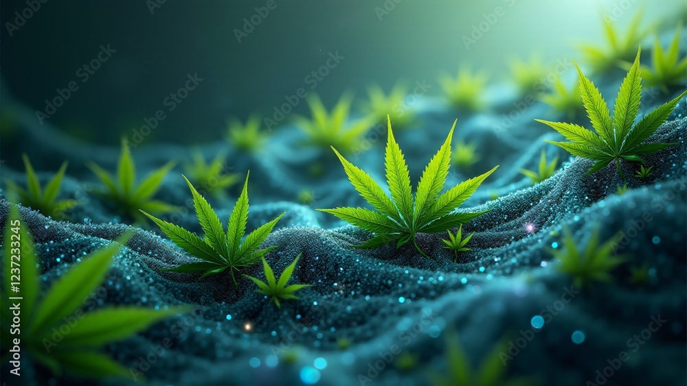 Poster fractal lines connect glowing marijuana leaves in abstract patterns, creating a mesmerizing cosmic d