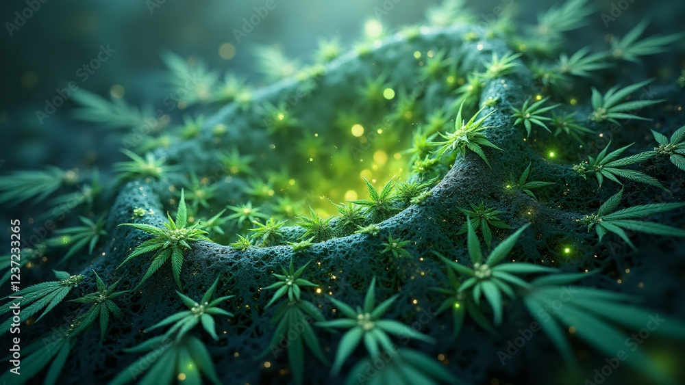 Poster fractal lines connect glowing marijuana leaves in abstract patterns, creating a mesmerizing cosmic d