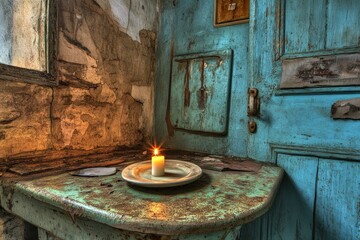 Candlelight in abandoned building's room.