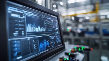 Modern computer displaying a variety of graphs and statistics, showcasing the innovative production line operating within a large automated factory environment