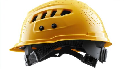 Fototapeta premium Yellow safety helmet with adjustable strap and ventilation holes for construction and industrial use