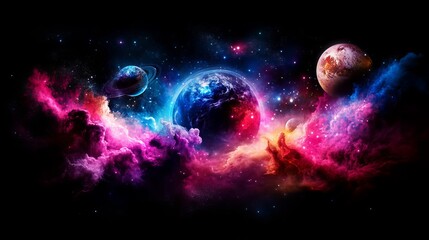Vibrant nebulae and planets swirl in a cosmic dance of color and light. A mesmerizing view of the universe.
