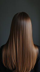 Naklejka premium a young woman from the back against the background of a plain gray wall in the studio. The woman has smooth, straight, shiny, well-groomed brown hair