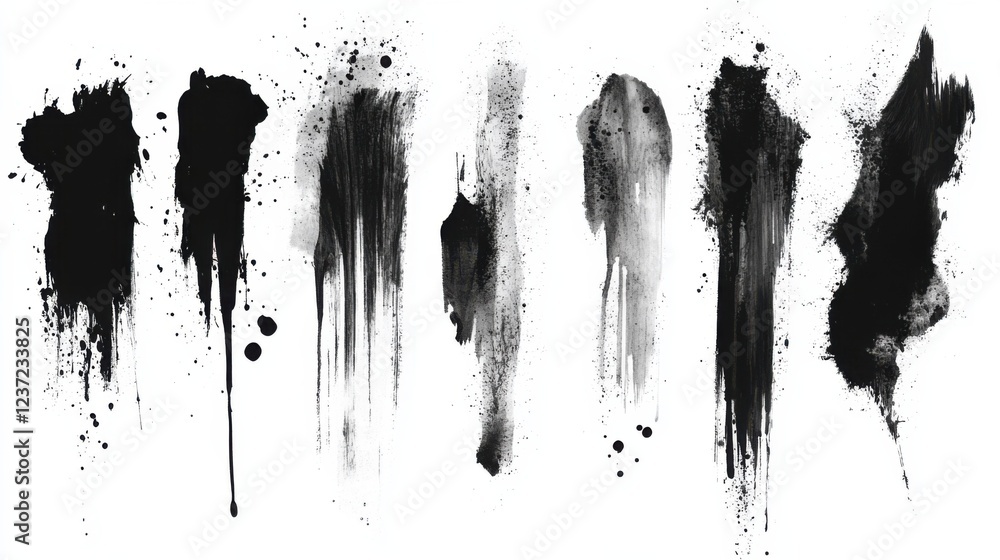 Poster abstract black and white ink splatter stains with dripping and splashing patterns on white backgroun