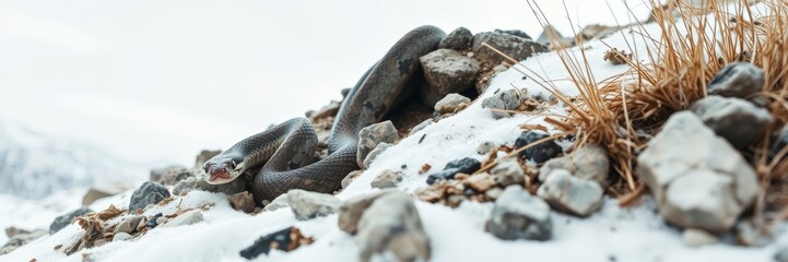 Snake with a curious mood resting on rocky snow-covered ground