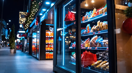 Vending machine offering snacks and drinks on a christmas decorated street at night