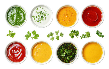 Tasty sauces with herbs in small bowls isolated on transparent background