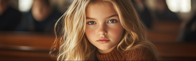 Obraz premium A young girl with bright blue eyes sits in a church pew, her soft expression filled with contemplation. Warm, natural light enhances the nostalgic and peaceful mood.