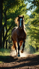 Horse running under a forest