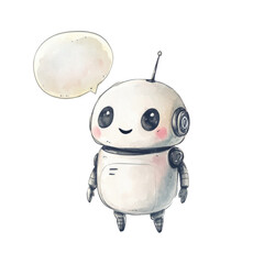 Cute watercolor robot with speech bubble and antenna - cartoon style illustration isolated png