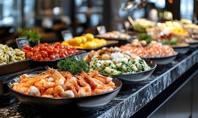 Obraz premium Buffet line of various dishes, including shrimps, gnocchi, tomatoes and other delicacies
