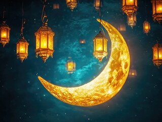 A serene Islamic night scene with a full moon hanging over a mosque with its lights on.