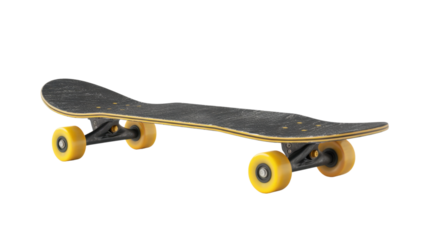 Used skateboard isolated on transparent background with yellow wheels