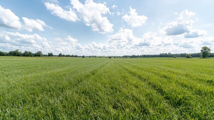 Lush green field under a sunny sky, idyllic rural landscape, perfect for agriculture or nature themes