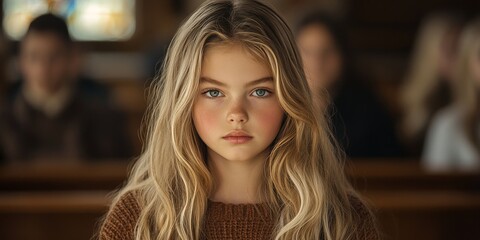 Obraz premium A young girl with bright blue eyes sits in a church pew, her soft expression filled with contemplation. Warm, natural light enhances the nostalgic and peaceful mood.