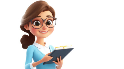 Smiling cartoon businesswoman holding a notebook on transparent background