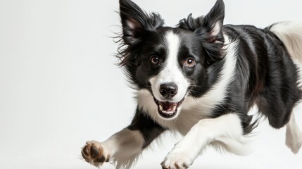 Fototapeta premium Energetic border collie running towards camera against white background
