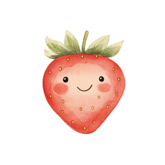 Cute smiling strawberry character with green leaves on transparent background isolated png