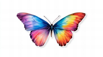 Fototapeta premium Vibrant watercolor butterfly with rainbow wings against a white background. A symbol of transformation and beauty.