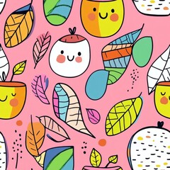 Colorful cartoon fruit and leaves pattern on a pink background showcasing cheerful designs and playful illustrations