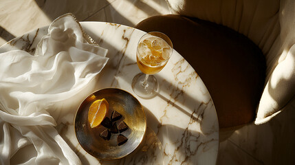 Sunlit table setting with a refreshing drink, chocolate squares, and an orange slice.