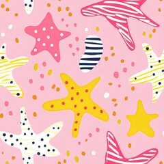 Colorful starfish pattern on bright pink background creating a cheerful marine atmosphere for decor and design projects