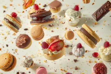 Pastries float artistically in a minimalistic display, showcasing a variety of delightful treats in mid-air