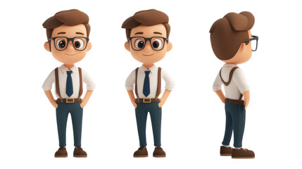 Fototapeta premium Cartoon office worker character standing with hands in pockets in three different poses on transparent background