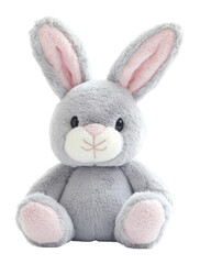 Soft gray bunny plush toy with pink accents isolated on transparent background