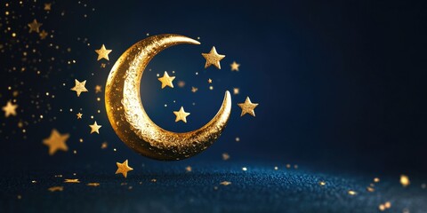 Naklejka premium Magical night scene with golden crescent moon, starry sky and sparkles falling like magic. Symbol of the Eid Mubarak celebration. Serene atmosphere.