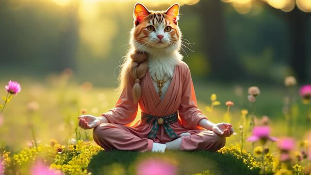 A cat in monk's robes is sitting and meditating on the lawn. Blurred background, sunny day.