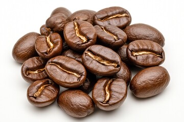 Naklejka premium A close-up of fresh roasted coffee beans arranged on a white background.