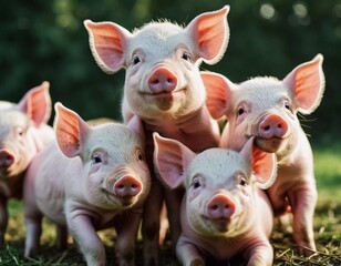 Fototapeta premium Adorable piglets stands together, their curious faces expressing playful energy under the warm sunlight. Playful nature in a sunny farmyard setting. Cute piglets gathered together. Generative AI