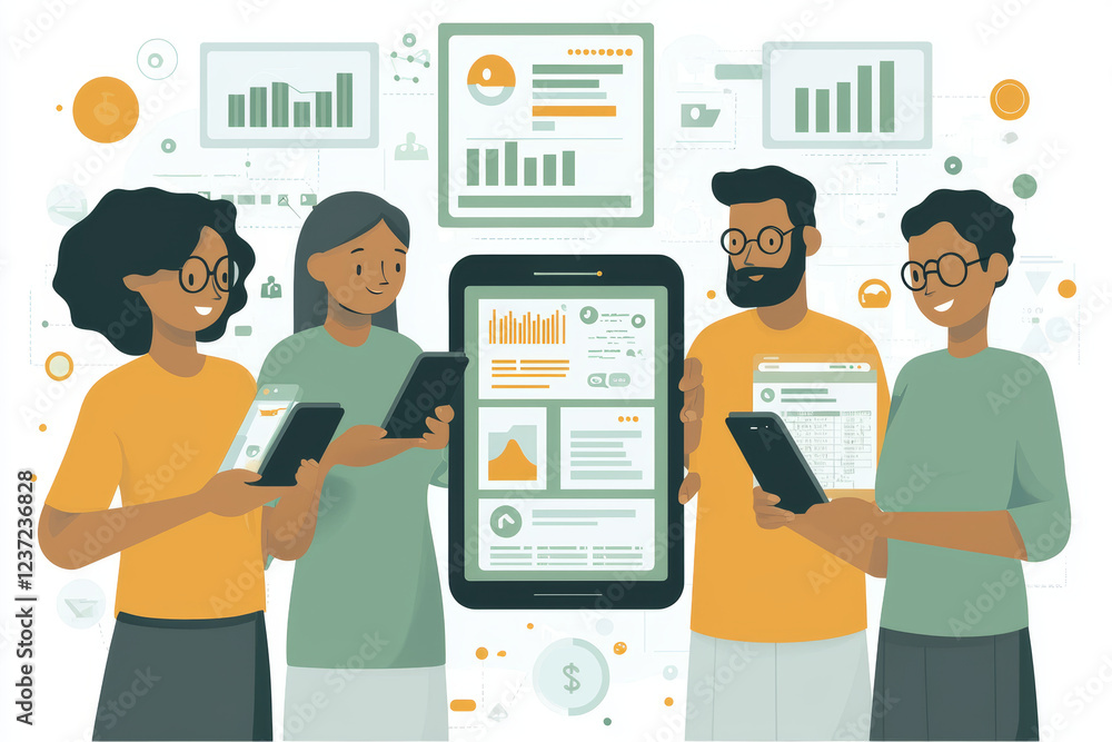 Aufkleber digital analytics team analyzing data on smartphones and tablet