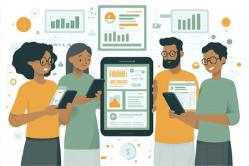 Digital analytics team analyzing data on smartphones and tablet