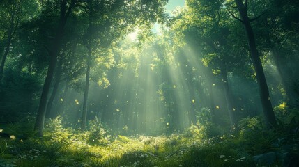 Obraz premium Enchanted Forest Bathed in Sunlight: A Serene Nature Escape Among Lush Trees and Magic Light Rays