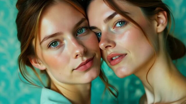 two beautiful young girls in close-up. beautiful facial features, smiling.