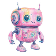 Cute colorful robot with antennae and big eyes in cartoon style isolated png