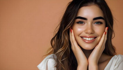 A beautiful woman with her hands on the chin, generative ai