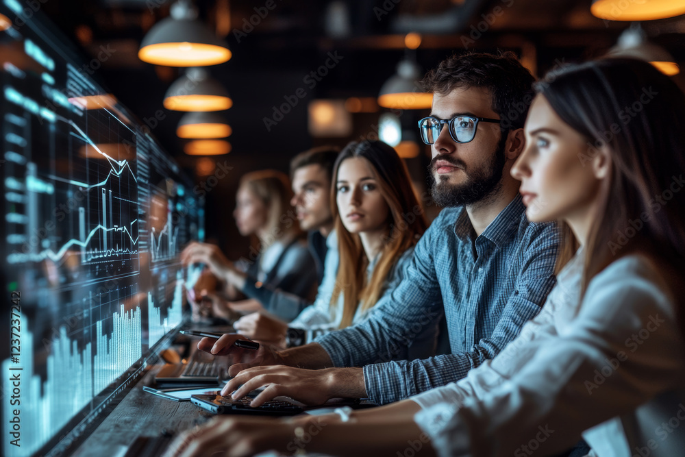 Poster group of analysts working in futuristic marketing research lab, focused on data analysis and visuali
