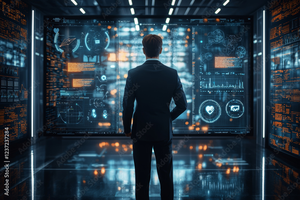 Poster marketer analyzing social media trends in high tech environment, surrounded by digital screens displ