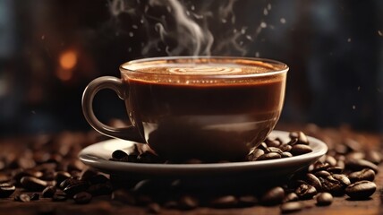 Fototapeta premium A close-up of a perfectly brewed cup of coffee, with steam swirling upwards, rich brown crema, coffee beans scattered around, sense of warmth and comfort, hyperrealistic detail