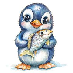 Cute cartoon penguin holding fish on iceberg with big eyes in watercolor style isolated png