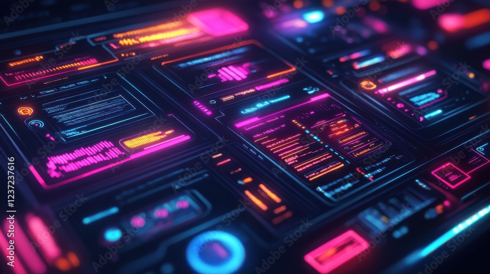 Poster futuristic neon interface with digital panels and glowing ui elements in dark cyber environment