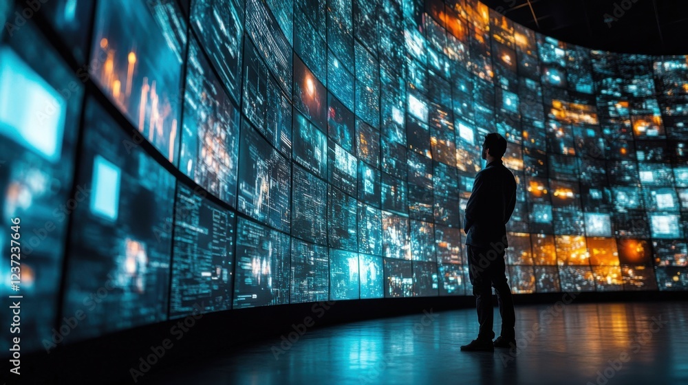Poster man observing futuristic digital screens in a curved room filled with data visualizations