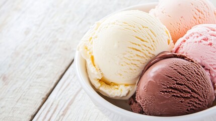 Colorful vanilla, chocolate, strawberry ice cream scoops sitting in white bowl, resting on rustic wooden surface, representing refreshing summer dessert